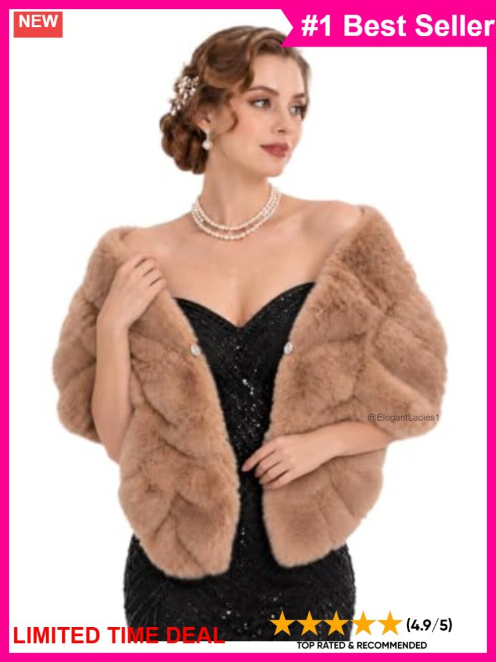 1920s Faux Fur Shawl Evening Wrap with Rhinestone Gatsby Party Cover Up